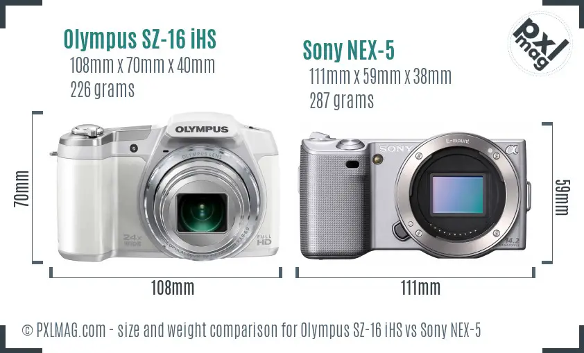 Olympus SZ-16 iHS vs Sony NEX-5 size comparison