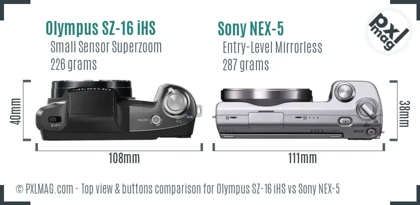 Olympus SZ-16 iHS vs Sony NEX-5 top view buttons comparison