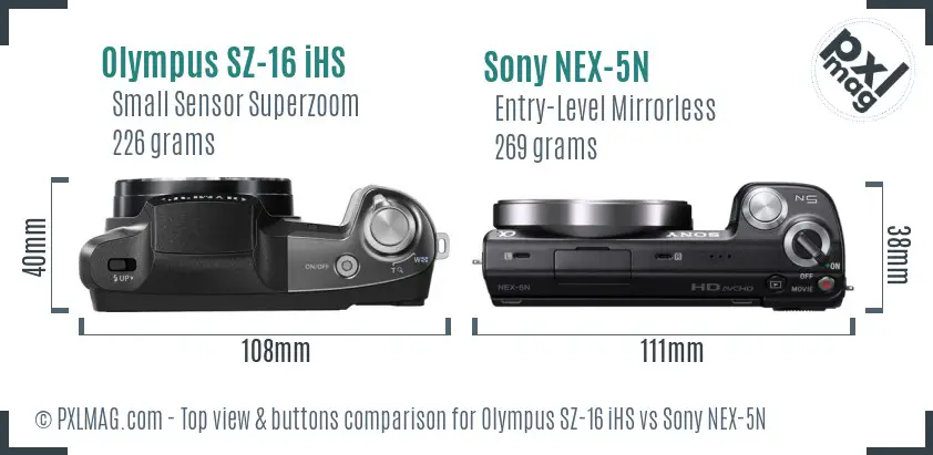 Olympus SZ-16 iHS vs Sony NEX-5N top view buttons comparison