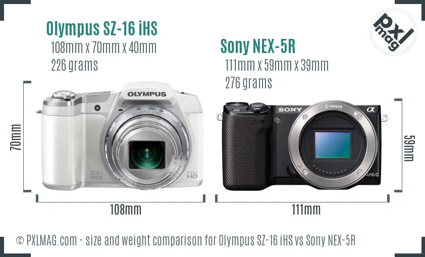 Olympus SZ-16 iHS vs Sony NEX-5R size comparison