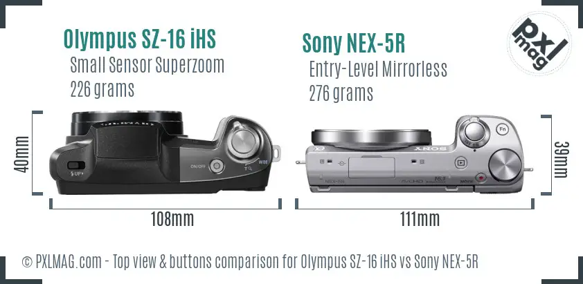 Olympus SZ-16 iHS vs Sony NEX-5R top view buttons comparison