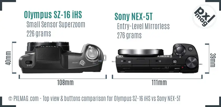 Olympus SZ-16 iHS vs Sony NEX-5T top view buttons comparison