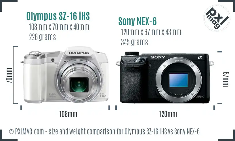 Olympus SZ-16 iHS vs Sony NEX-6 size comparison