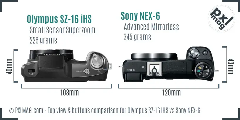 Olympus SZ-16 iHS vs Sony NEX-6 top view buttons comparison