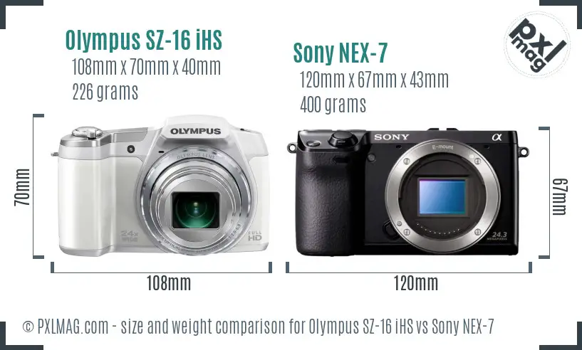Olympus SZ-16 iHS vs Sony NEX-7 size comparison
