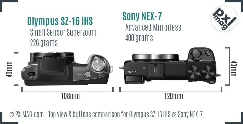 Olympus SZ-16 iHS vs Sony NEX-7 top view buttons comparison
