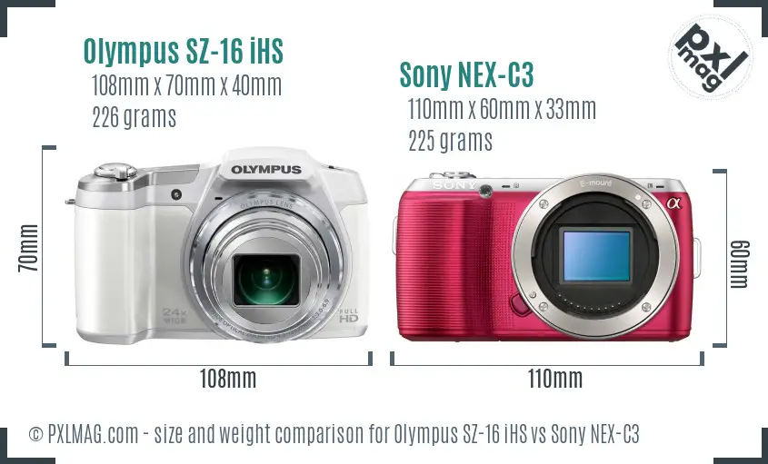 Olympus SZ-16 iHS vs Sony NEX-C3 size comparison