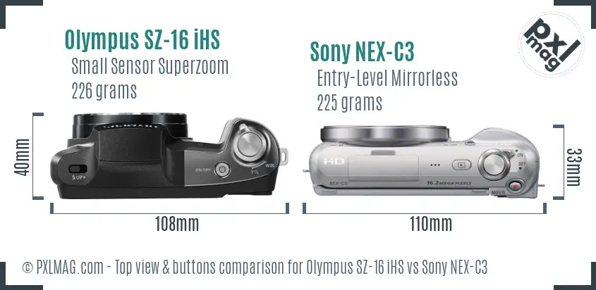 Olympus SZ-16 iHS vs Sony NEX-C3 top view buttons comparison