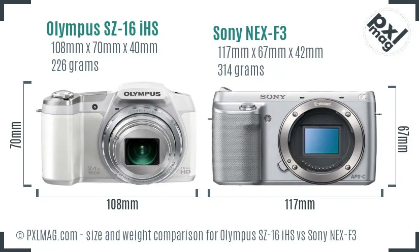 Olympus SZ-16 iHS vs Sony NEX-F3 size comparison