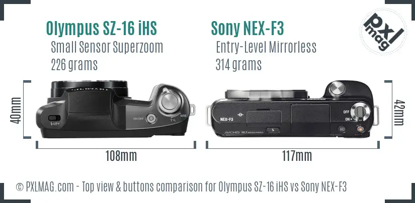 Olympus SZ-16 iHS vs Sony NEX-F3 top view buttons comparison
