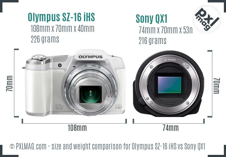 Olympus SZ-16 iHS vs Sony QX1 size comparison