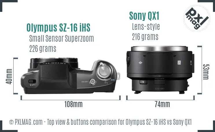 Olympus SZ-16 iHS vs Sony QX1 top view buttons comparison