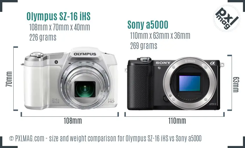 Olympus SZ-16 iHS vs Sony a5000 size comparison