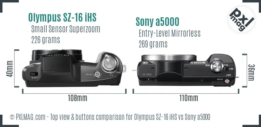 Olympus SZ-16 iHS vs Sony a5000 top view buttons comparison