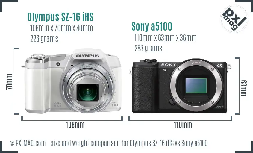 Olympus SZ-16 iHS vs Sony a5100 size comparison Olympus SZ-16 iHS vs Sony a5100 size comparison