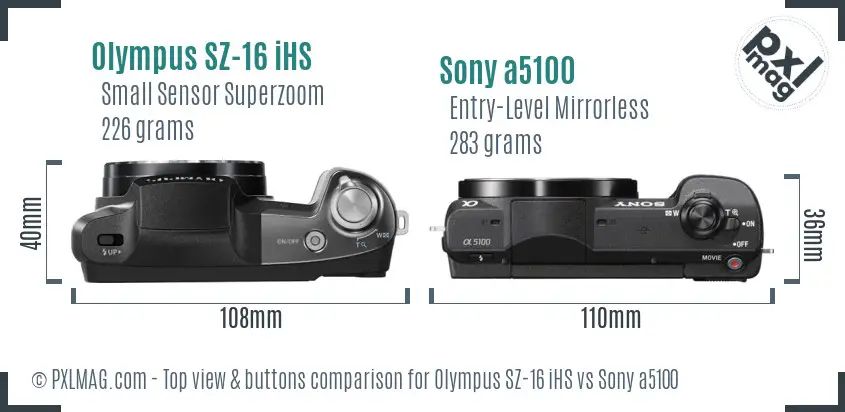 Olympus SZ-16 iHS vs Sony a5100 top view buttons comparison Olympus SZ-16 iHS vs Sony a5100 top view buttons comparison