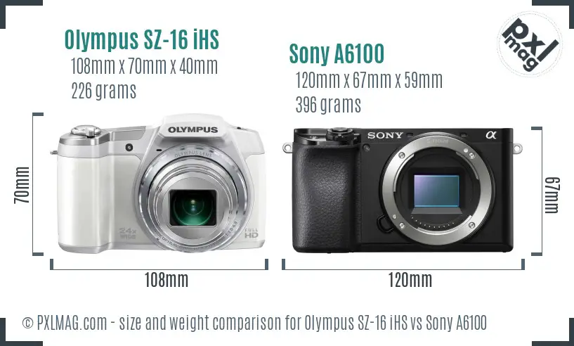 Olympus SZ-16 iHS vs Sony A6100 size comparison