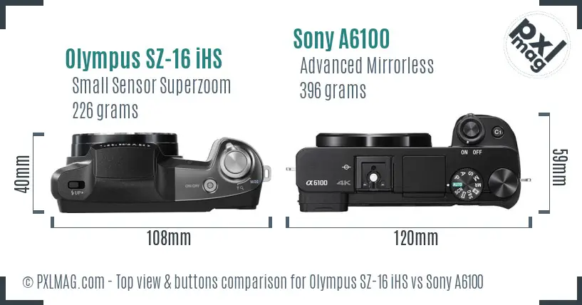Olympus SZ-16 iHS vs Sony A6100 top view buttons comparison