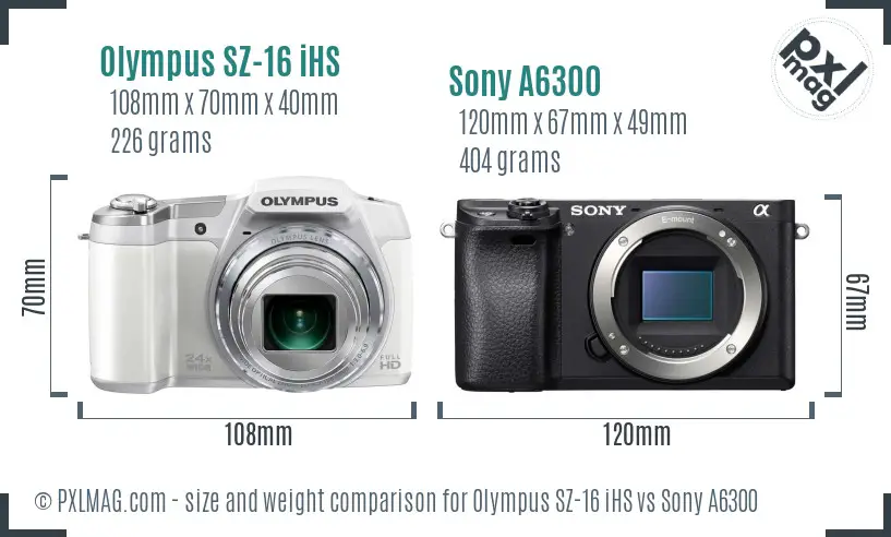 Olympus SZ-16 iHS vs Sony A6300 size comparison