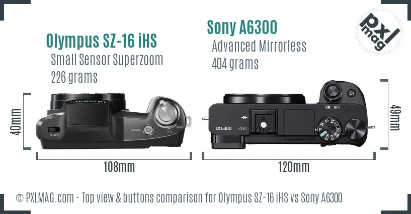Olympus SZ-16 iHS vs Sony A6300 top view buttons comparison