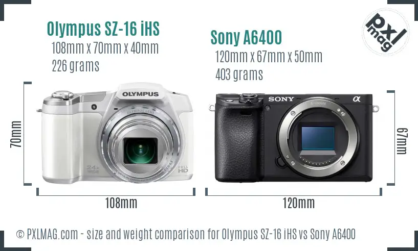 Olympus SZ-16 iHS vs Sony A6400 size comparison
