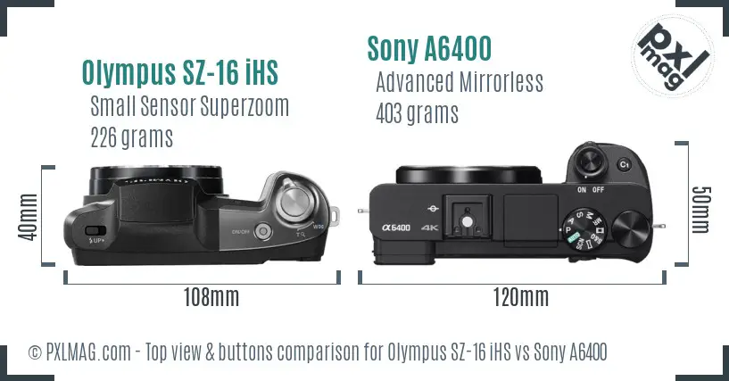 Olympus SZ-16 iHS vs Sony A6400 top view buttons comparison