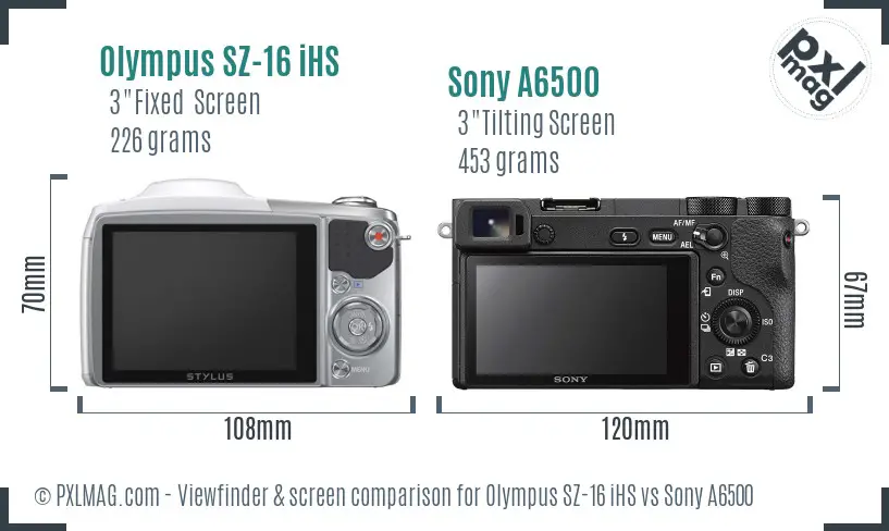 Olympus SZ-16 iHS vs Sony A6500 Screen and Viewfinder comparison