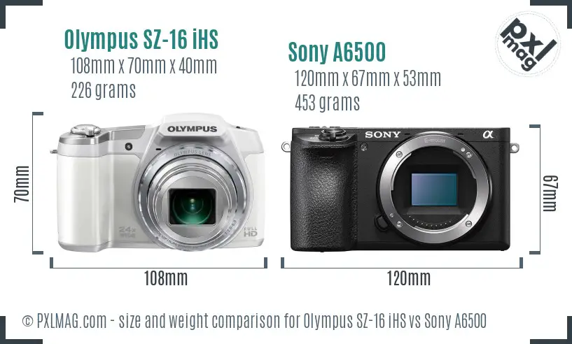 Olympus SZ-16 iHS vs Sony A6500 size comparison