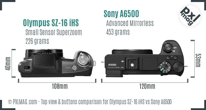 Olympus SZ-16 iHS vs Sony A6500 top view buttons comparison