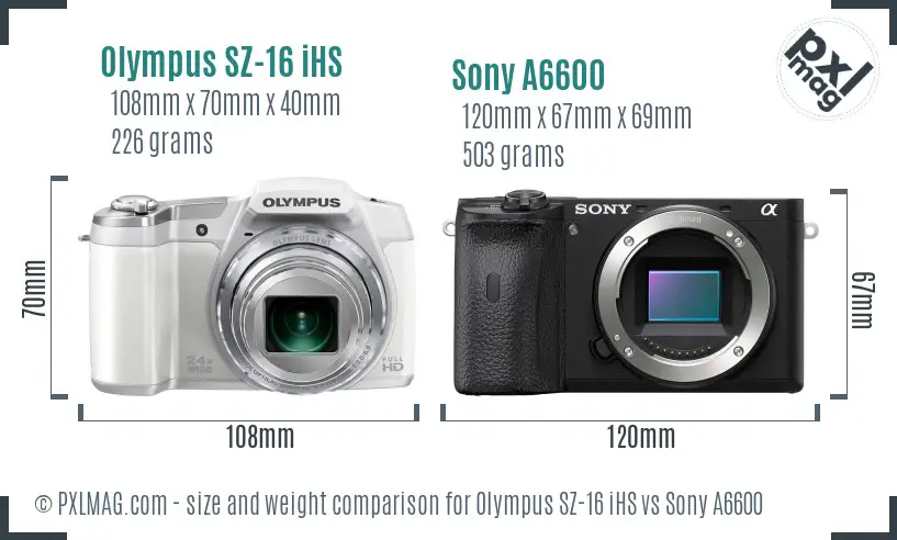 Olympus SZ-16 iHS vs Sony A6600 size comparison