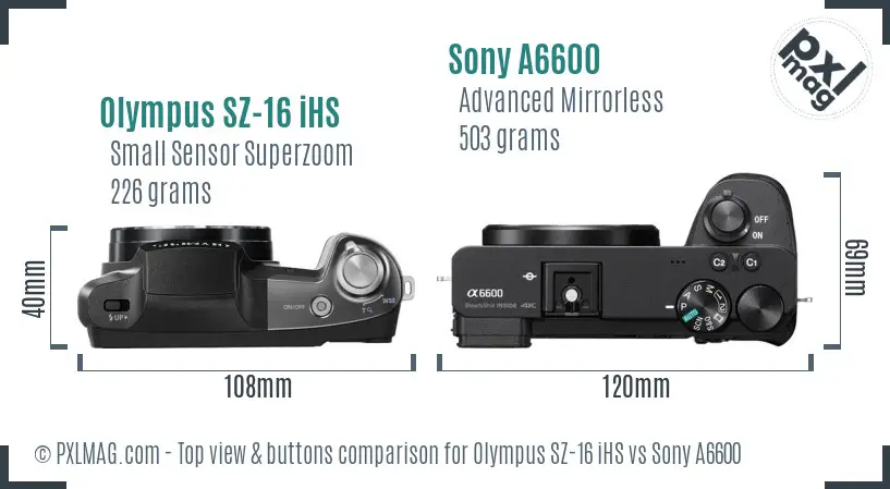 Olympus SZ-16 iHS vs Sony A6600 top view buttons comparison