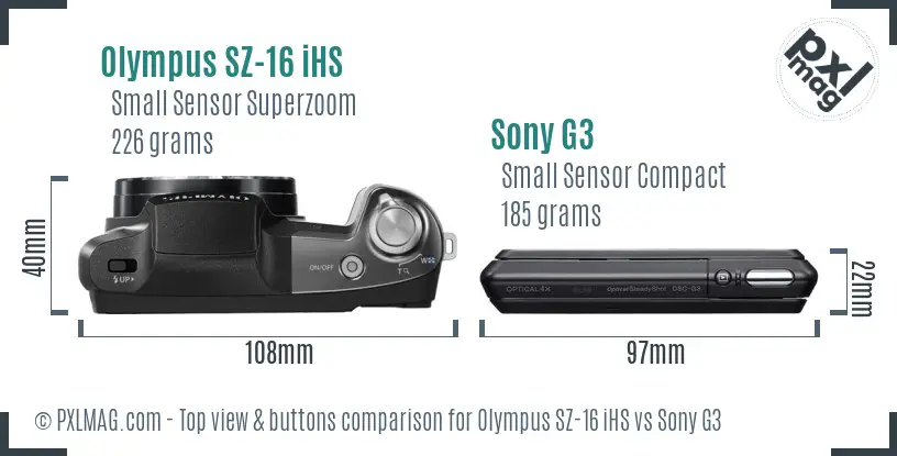 Olympus SZ-16 iHS vs Sony G3 top view buttons comparison