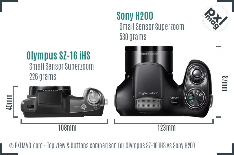 Olympus SZ-16 iHS vs Sony H200 top view buttons comparison
