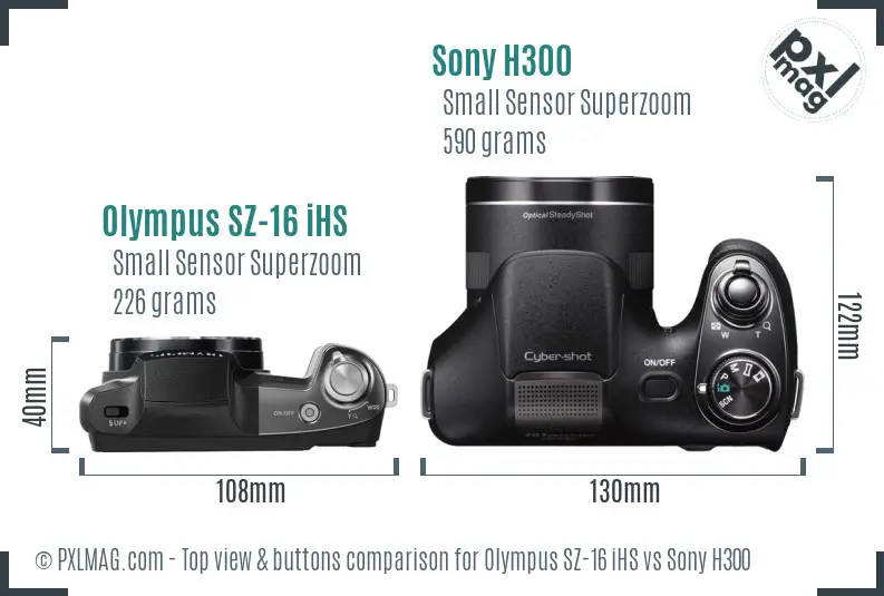 Olympus SZ-16 iHS vs Sony H300 top view buttons comparison
