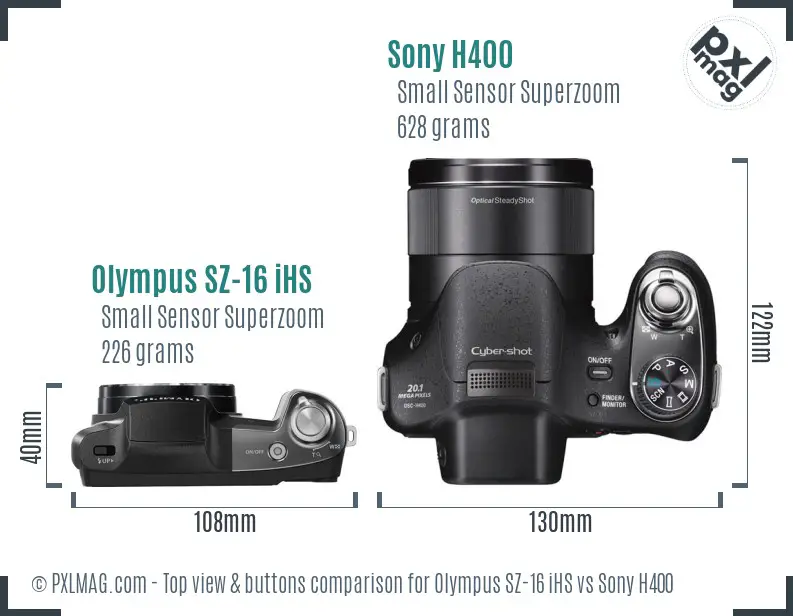 Olympus SZ-16 iHS vs Sony H400 top view buttons comparison