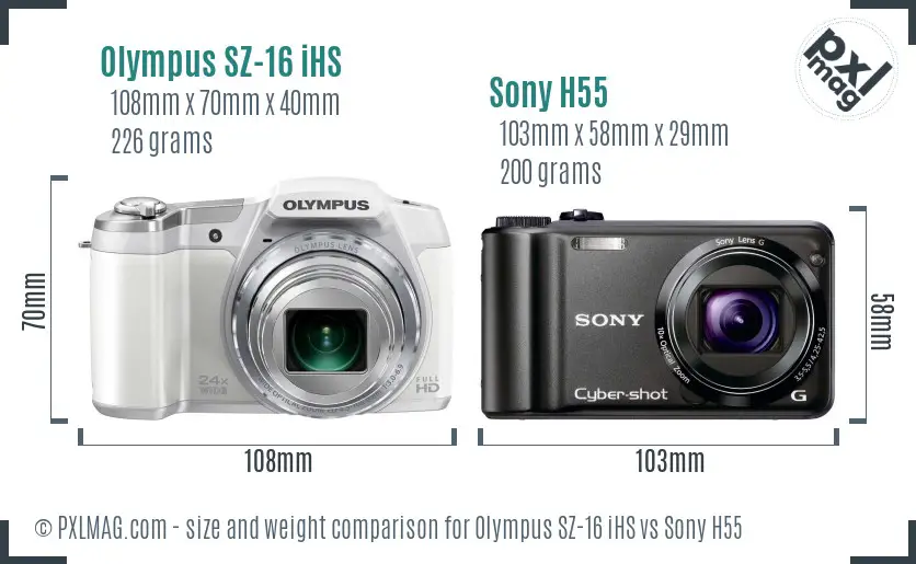 Olympus SZ-16 iHS vs Sony H55 size comparison