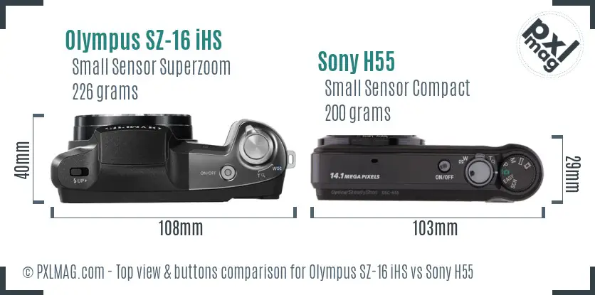 Olympus SZ-16 iHS vs Sony H55 top view buttons comparison
