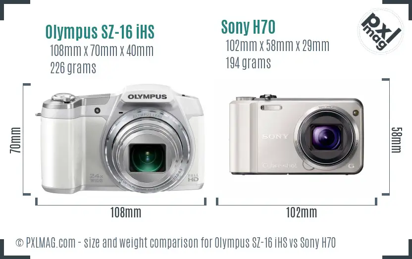 Olympus SZ-16 iHS vs Sony H70 size comparison