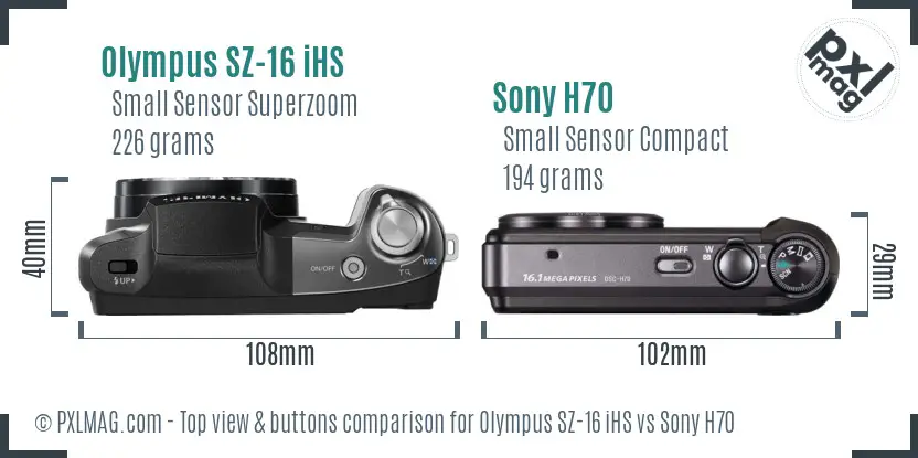 Olympus SZ-16 iHS vs Sony H70 top view buttons comparison