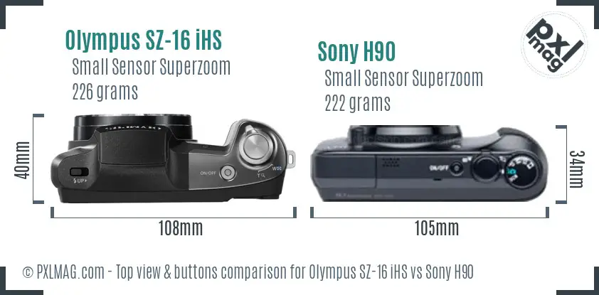 Olympus SZ-16 iHS vs Sony H90 top view buttons comparison