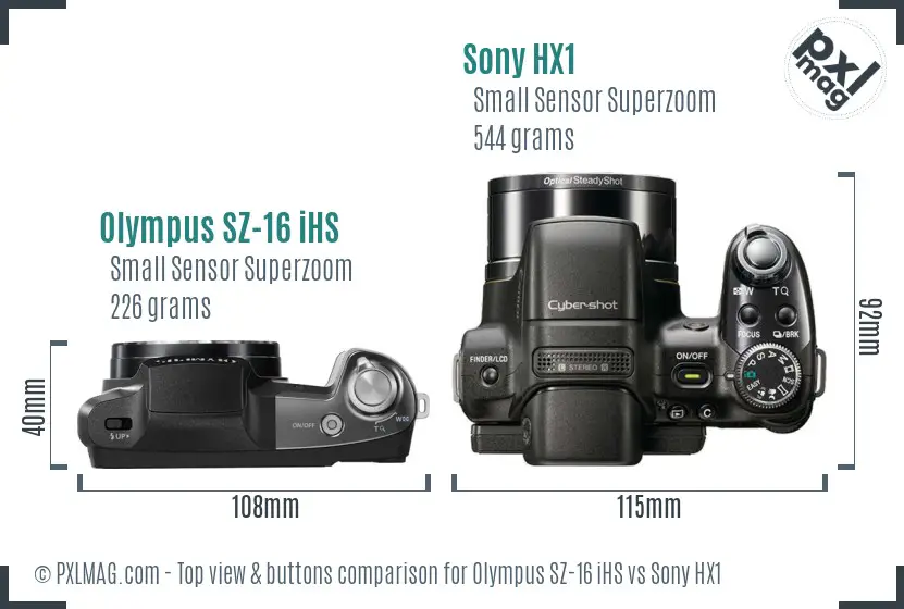 Olympus SZ-16 iHS vs Sony HX1 top view buttons comparison