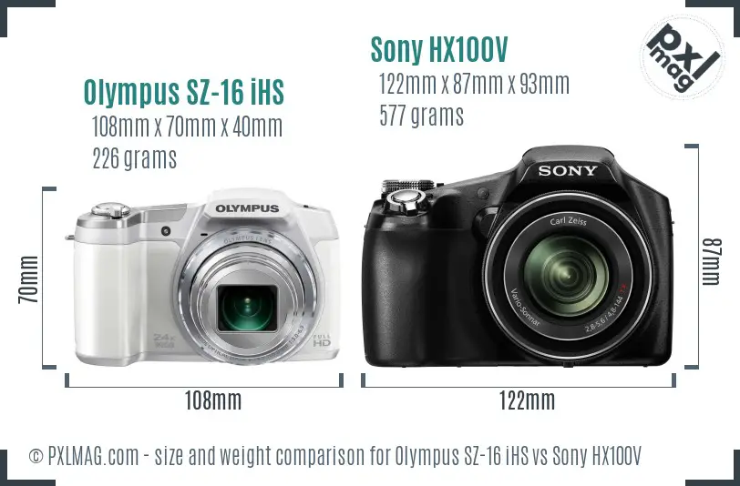 Olympus SZ-16 iHS vs Sony HX100V size comparison