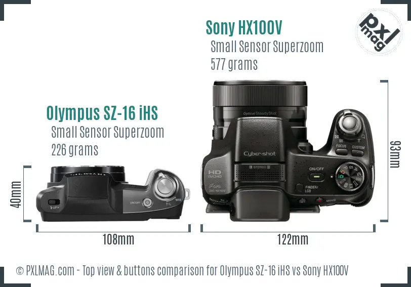 Olympus SZ-16 iHS vs Sony HX100V top view buttons comparison