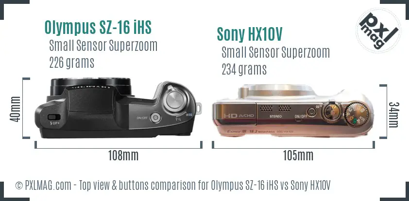 Olympus SZ-16 iHS vs Sony HX10V top view buttons comparison