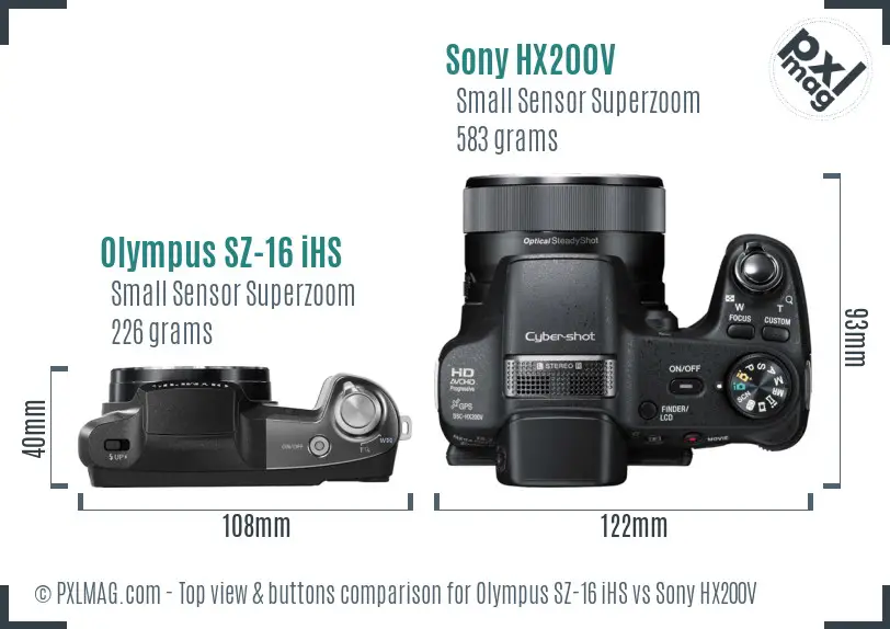 Olympus SZ-16 iHS vs Sony HX200V top view buttons comparison