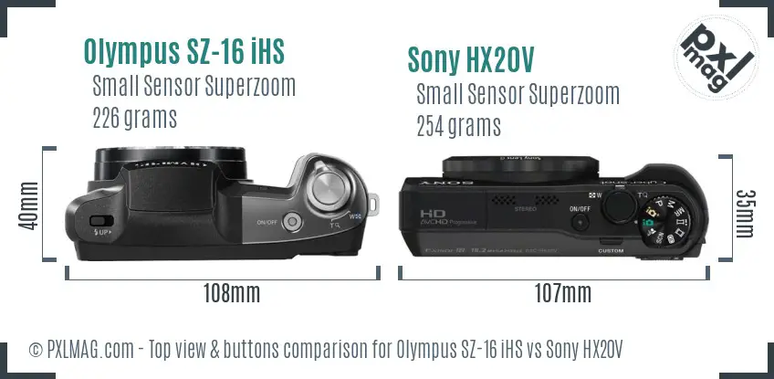 Olympus SZ-16 iHS vs Sony HX20V top view buttons comparison