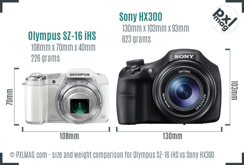 Olympus SZ-16 iHS vs Sony HX300 size comparison
