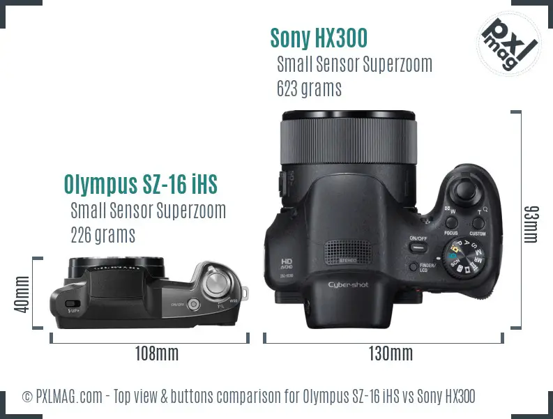 Olympus SZ-16 iHS vs Sony HX300 top view buttons comparison