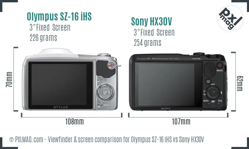 Olympus SZ-16 iHS vs Sony HX30V Screen and Viewfinder comparison