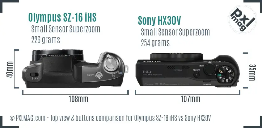 Olympus SZ-16 iHS vs Sony HX30V top view buttons comparison